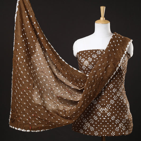 Brown - 3pc Kutch Bandhani Tie-Dye Satin Cotton Suit Material Set 167