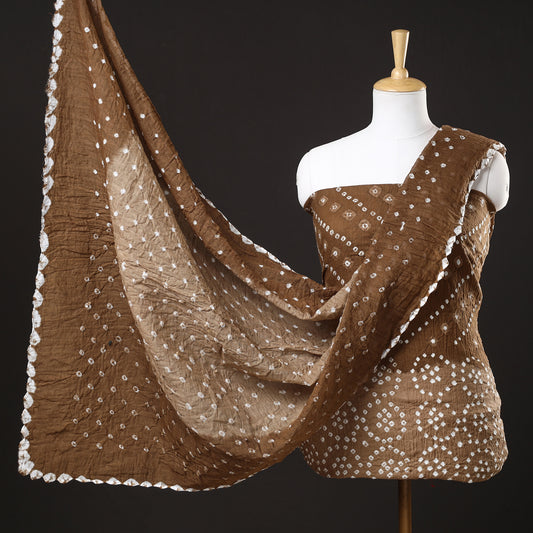 Brown - 3pc Kutch Bandhani Tie-Dye Satin Cotton Suit Material Set 168