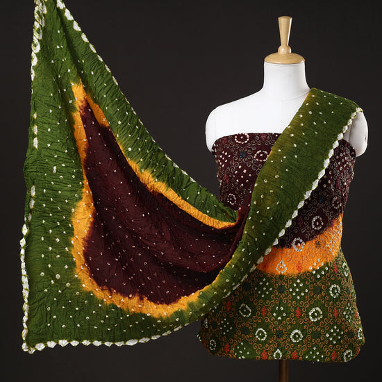Green - 3pc Kutch Bandhani Tie-Dye Zari Work Satin Cotton Suit Material Set 169