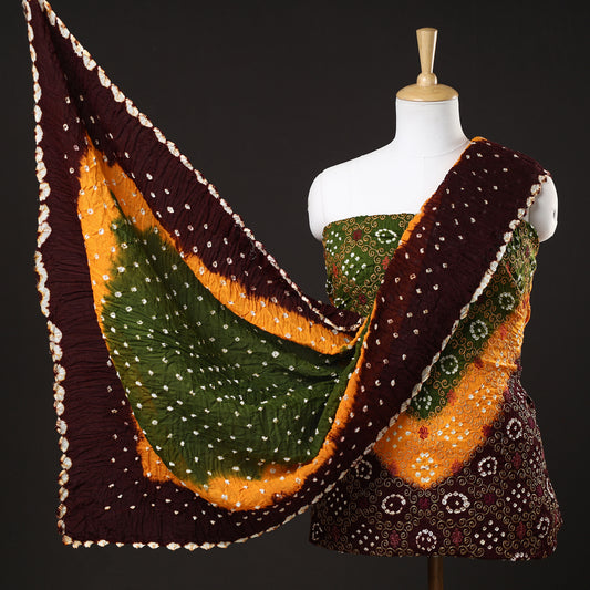 3pc Kutch Bandhani Tie-Dye Zari Work Satin Cotton Suit Material Set 172