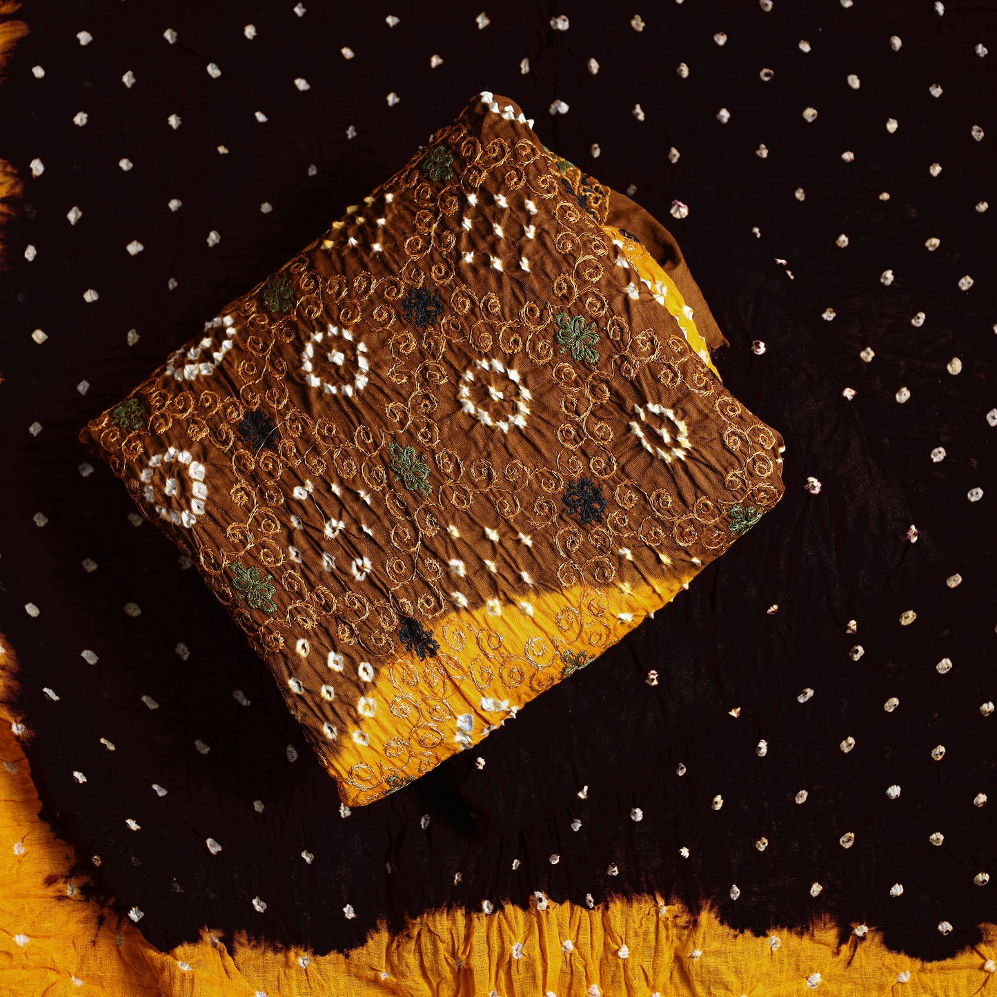 Multicolor - 3pc Kutch Bandhani Tie-Dye Zari Work Satin Cotton Suit Material Set 174