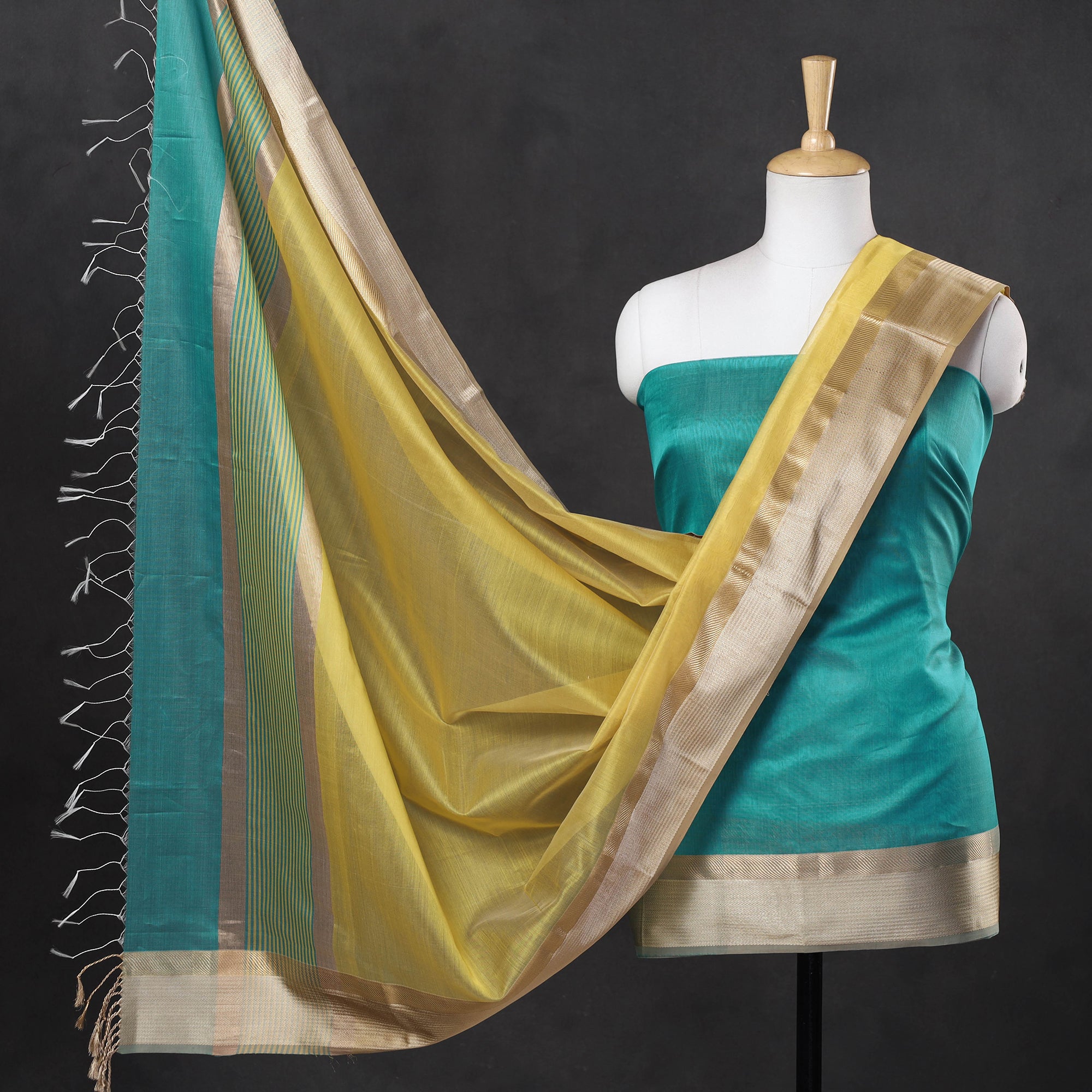 Maheshwari Silk Cotton Traditional Resham Thread Border Top Dupatta Suit Material - Yellow and Pink main image 1