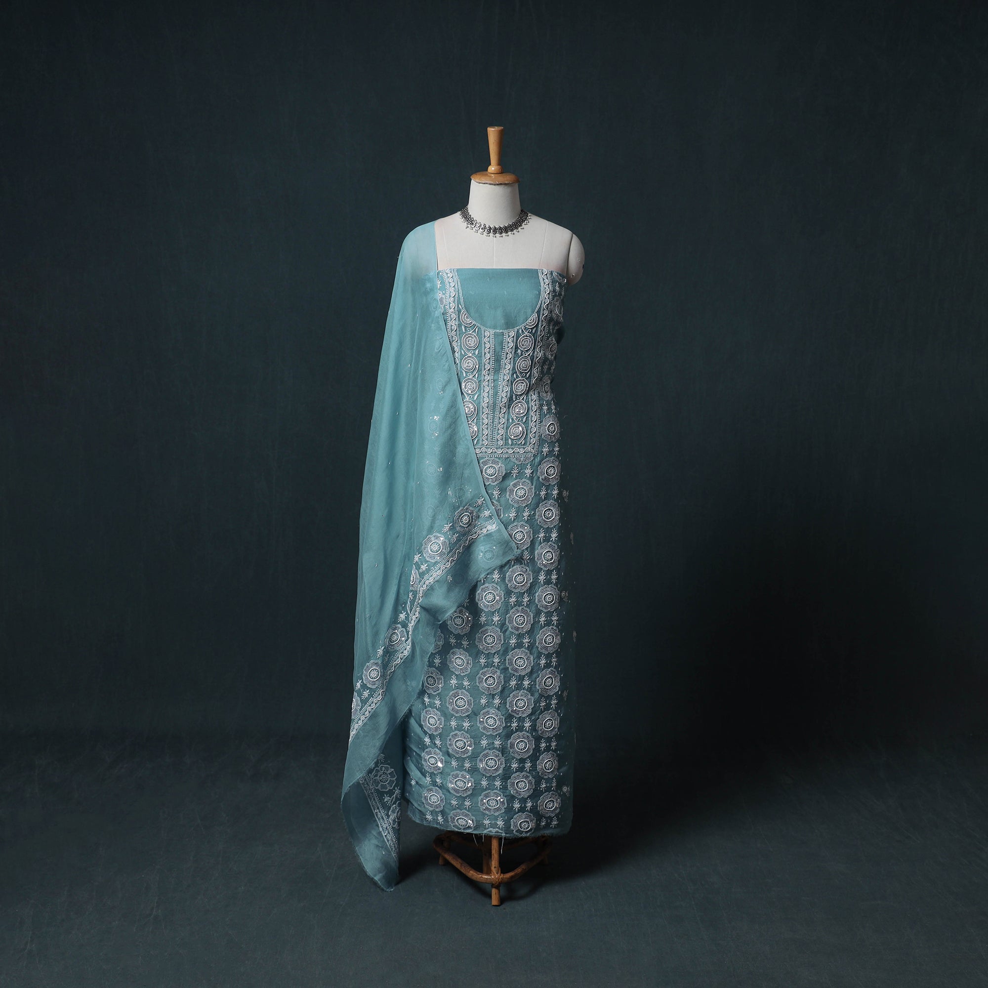 lucknowi cotton dress material Chikankari Heavy Sequin & Beadwork Organza Silk Unstitched Material: Kurta with Dupatta Pink +5