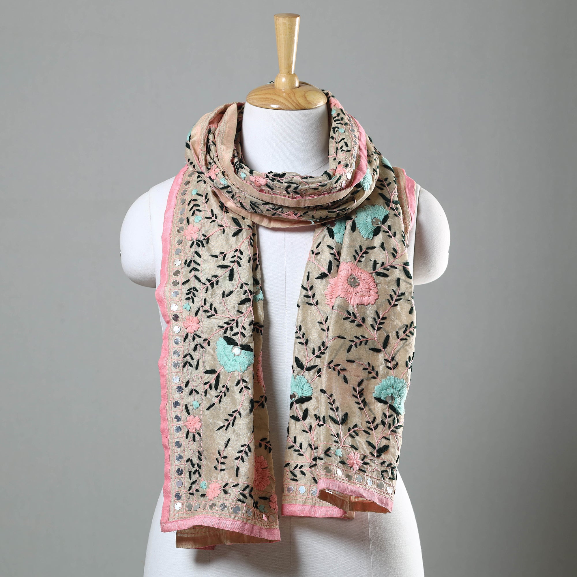 Pink - Ranihati Chapa Work Chanderi Silk Hand Embroidery Dupatta 54