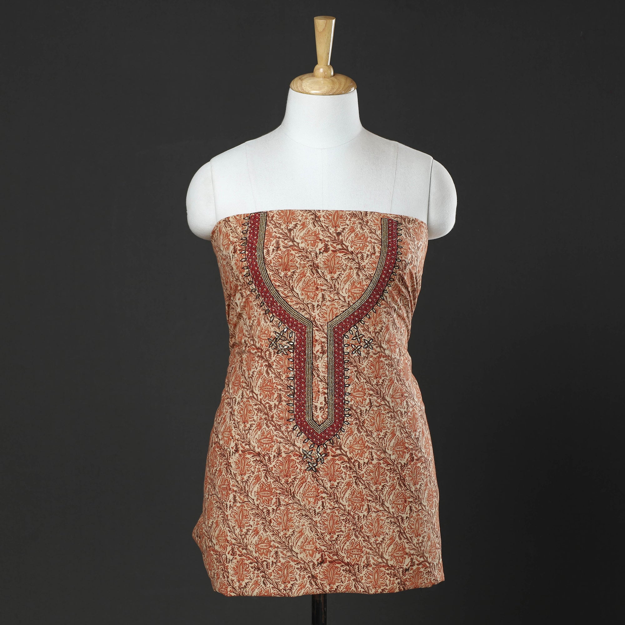 Orange - Kalamkari Block Printed Bead Work Hand Embroidery Cotton Blouse Piece