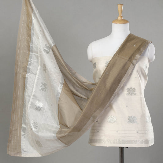 White - 2pc Chanderi Silk Cotton Handloom Zari Buta Suit Material Set