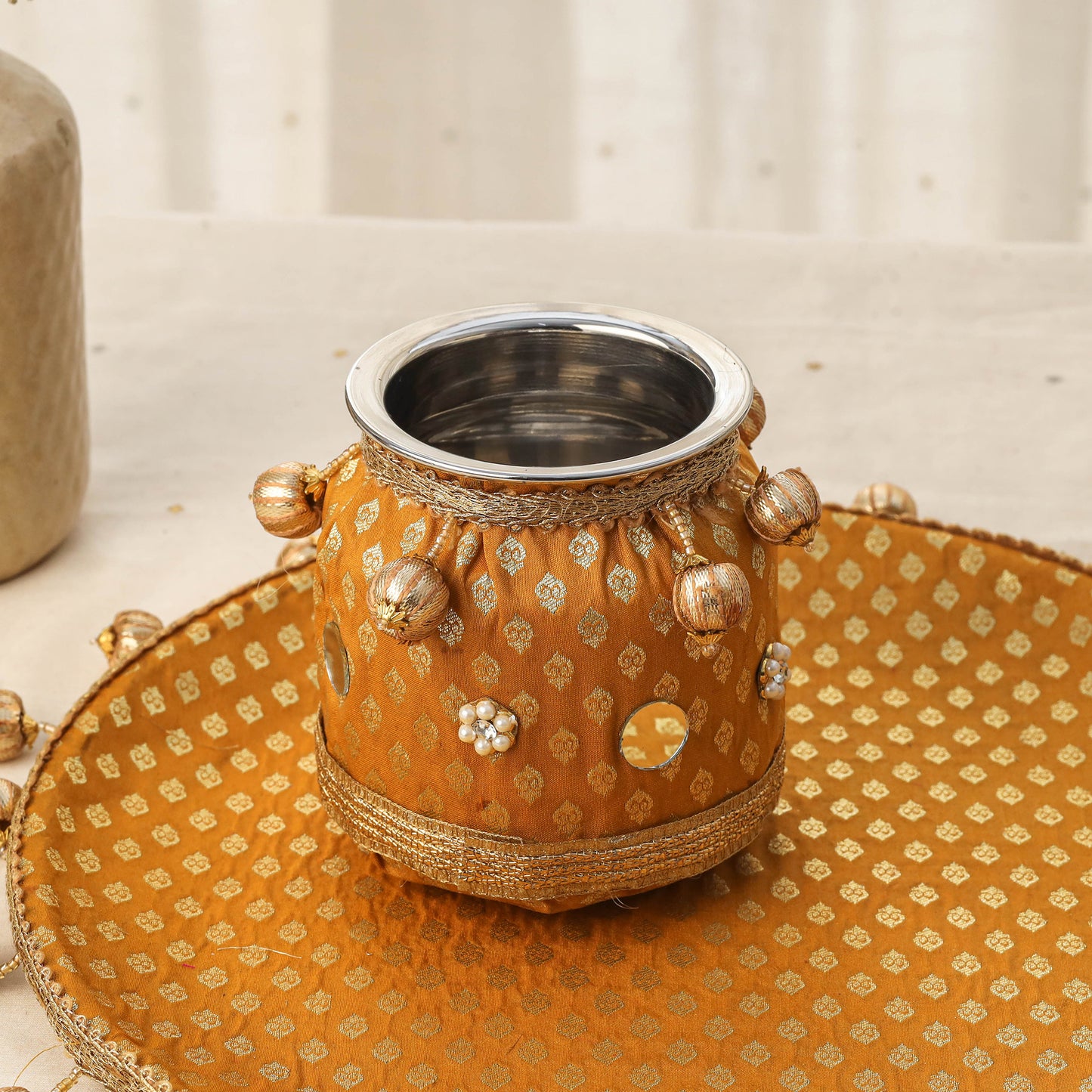 Yellow mirror beads karwa chauth thali set 10 - handcrafted