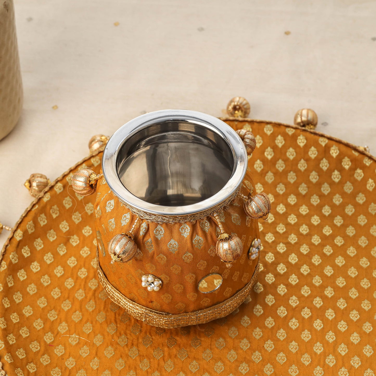 Yellow mirror beads karwa chauth thali set 10 - handcrafted