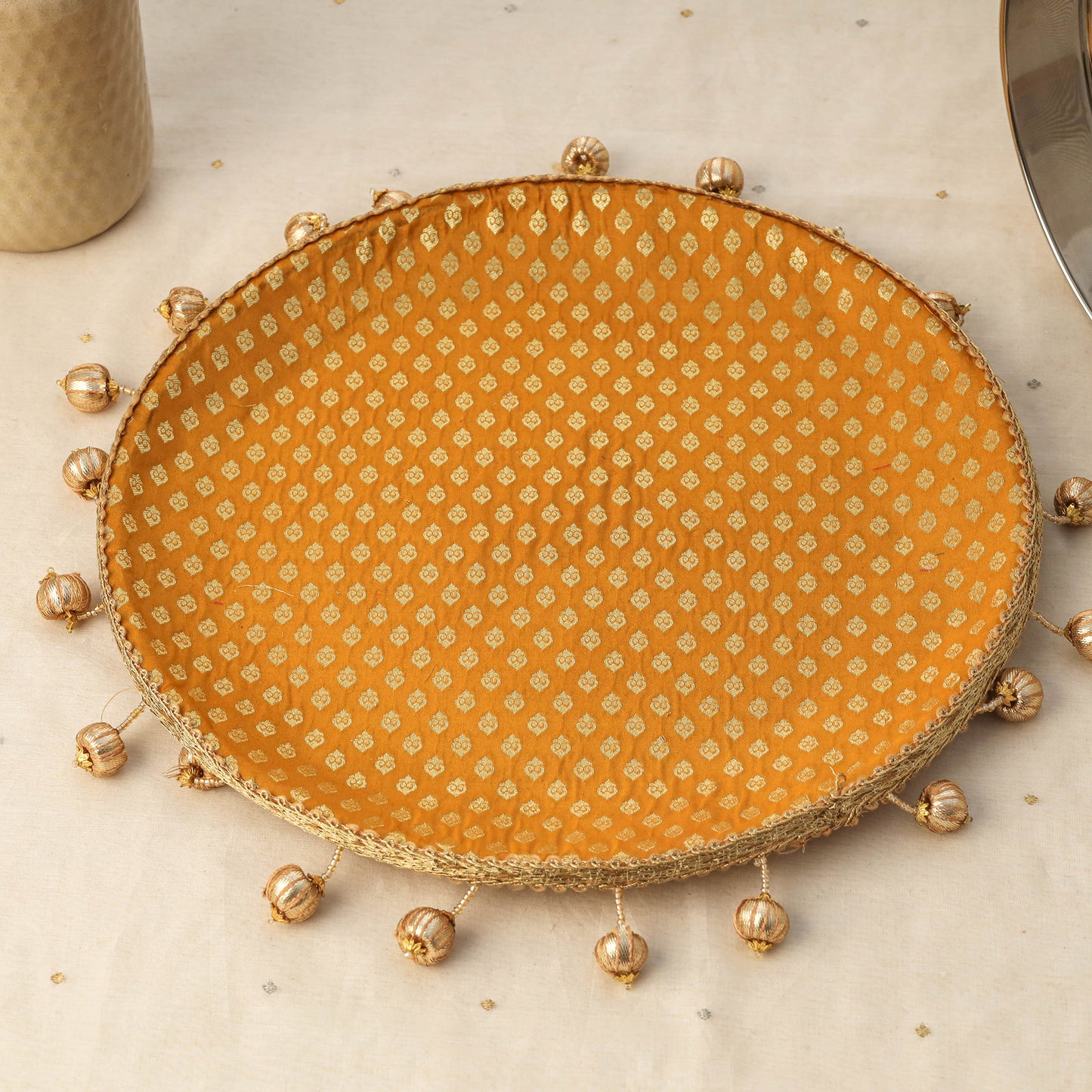 Yellow mirror beads karwa chauth thali set 10 - handcrafted