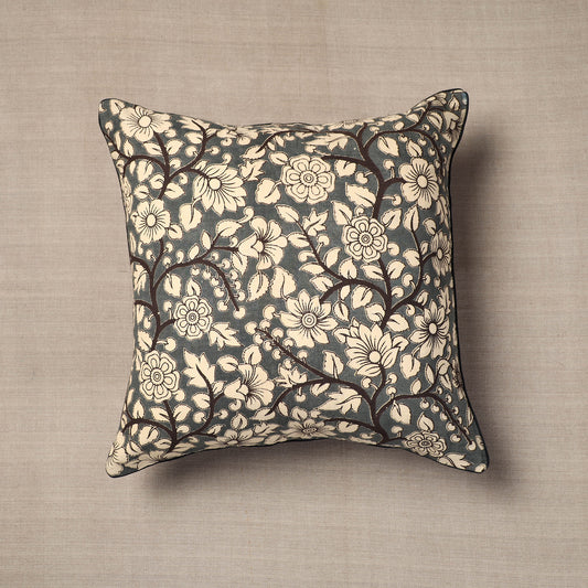 Grey - Kalamkari Printed Cotton Cushion Cover (16 x 16 in)
