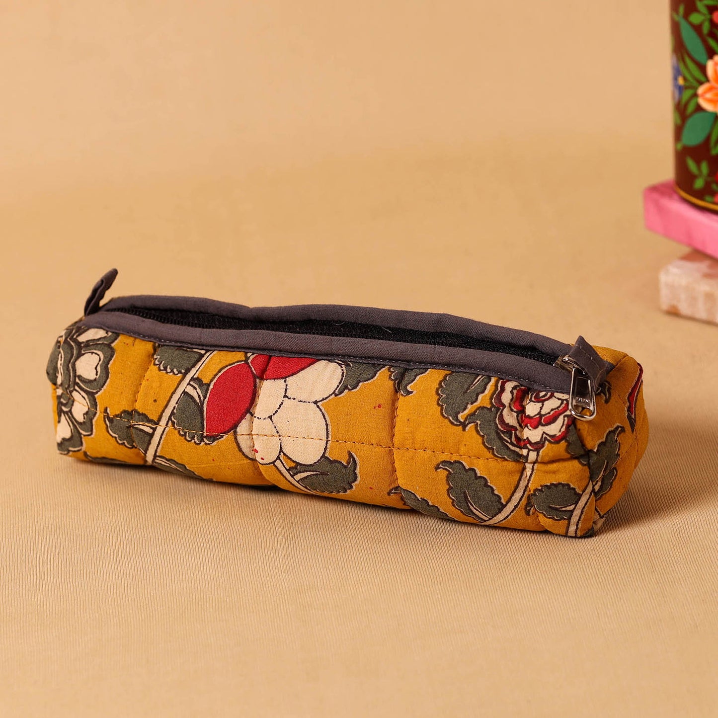 Yellow Handmade Quilted Cotton Pencil Pouch