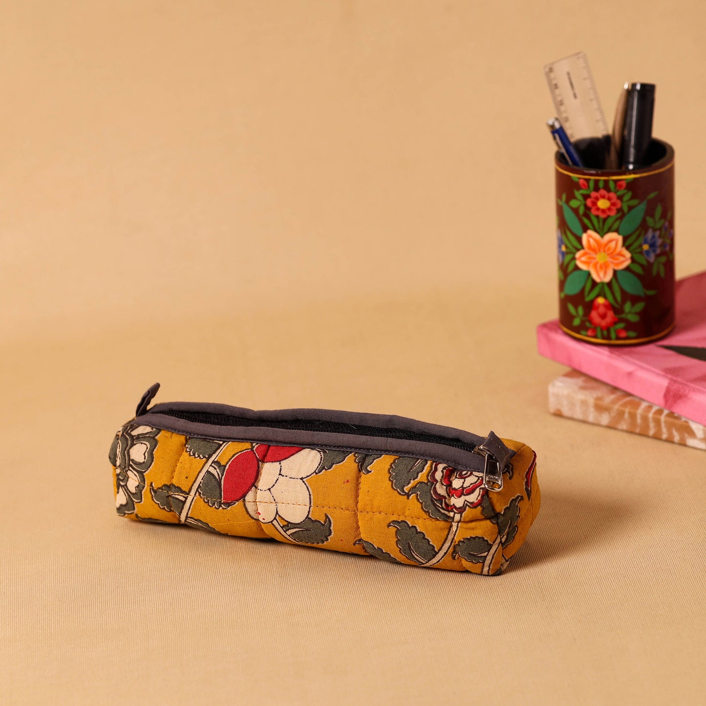 Yellow Handmade Quilted Cotton Pencil Pouch
