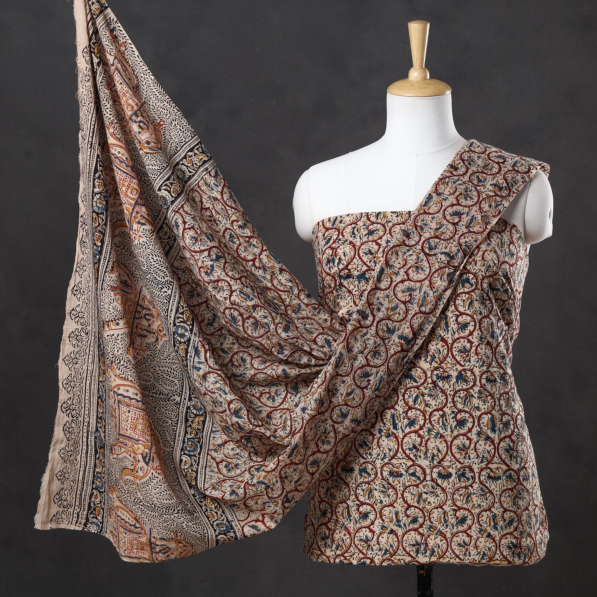 Beige - Pedana Block Print Mul Cotton Tiered Kalamkari Dress 11 main image 0