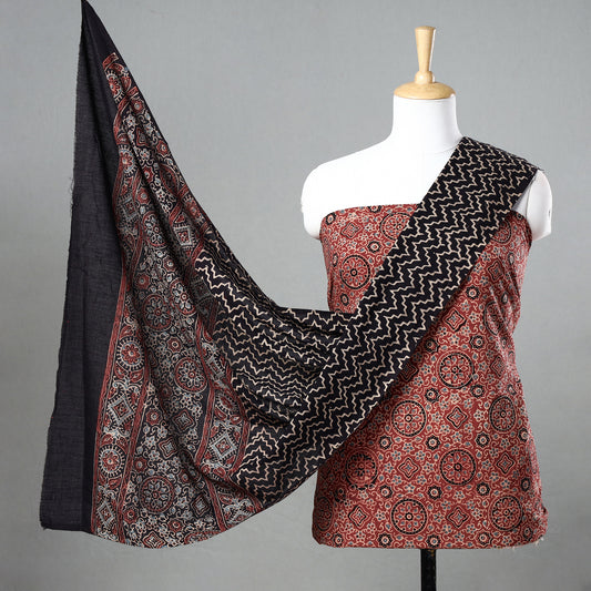 3pc Ajrakh Block Printed Natural Dyed Cotton Suit Material Set 14