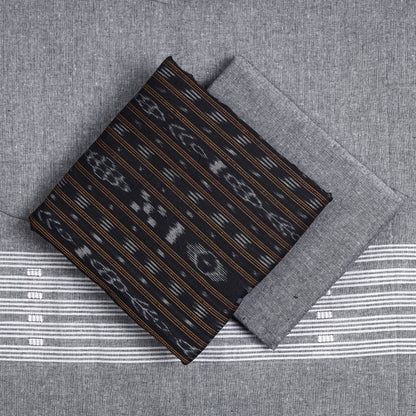 Black - 3pc Sambalpuri Ikat Weave Handloom Cotton Suit Material Set 01
