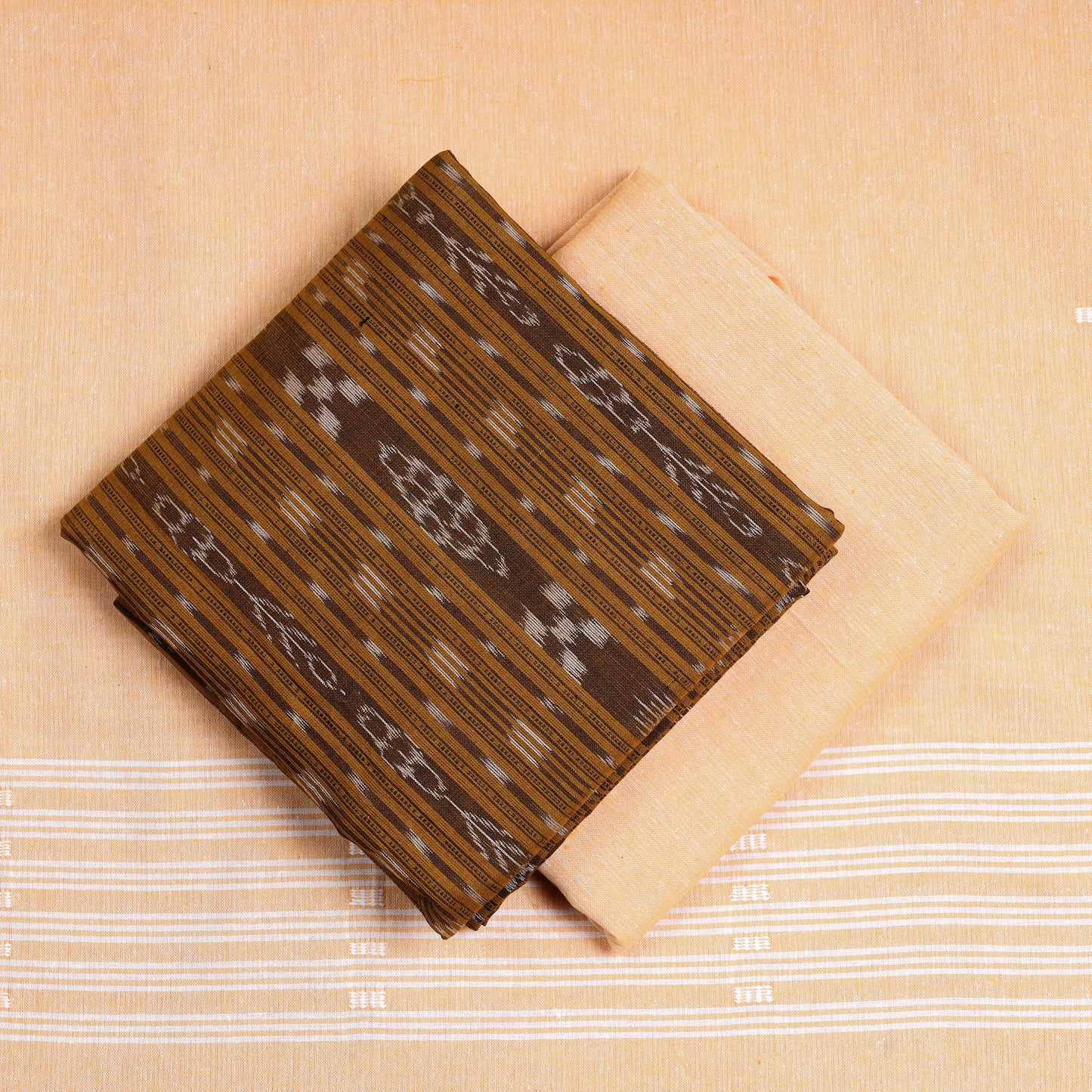 Brown - 3pc Sambalpuri Ikat Weave Handloom Cotton Suit Material Set 02