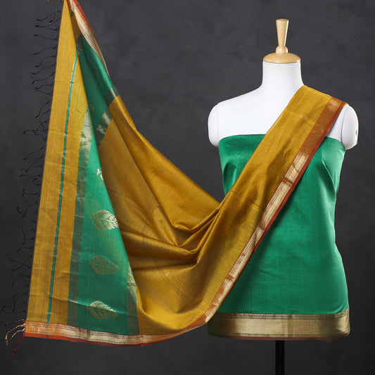 Green - 2pc Maheshwari Silk Handloom Suit Material Set with Zari Border