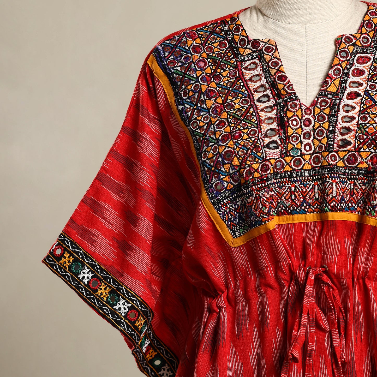 Red Ikat Cotton Kaftan with Desert Thread Embroidery (Short)