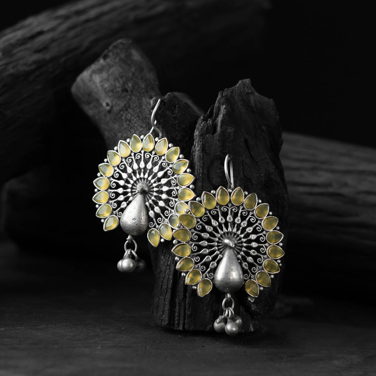 Yellow - saanjh bela mayuri oxidised earrings - handcrafted