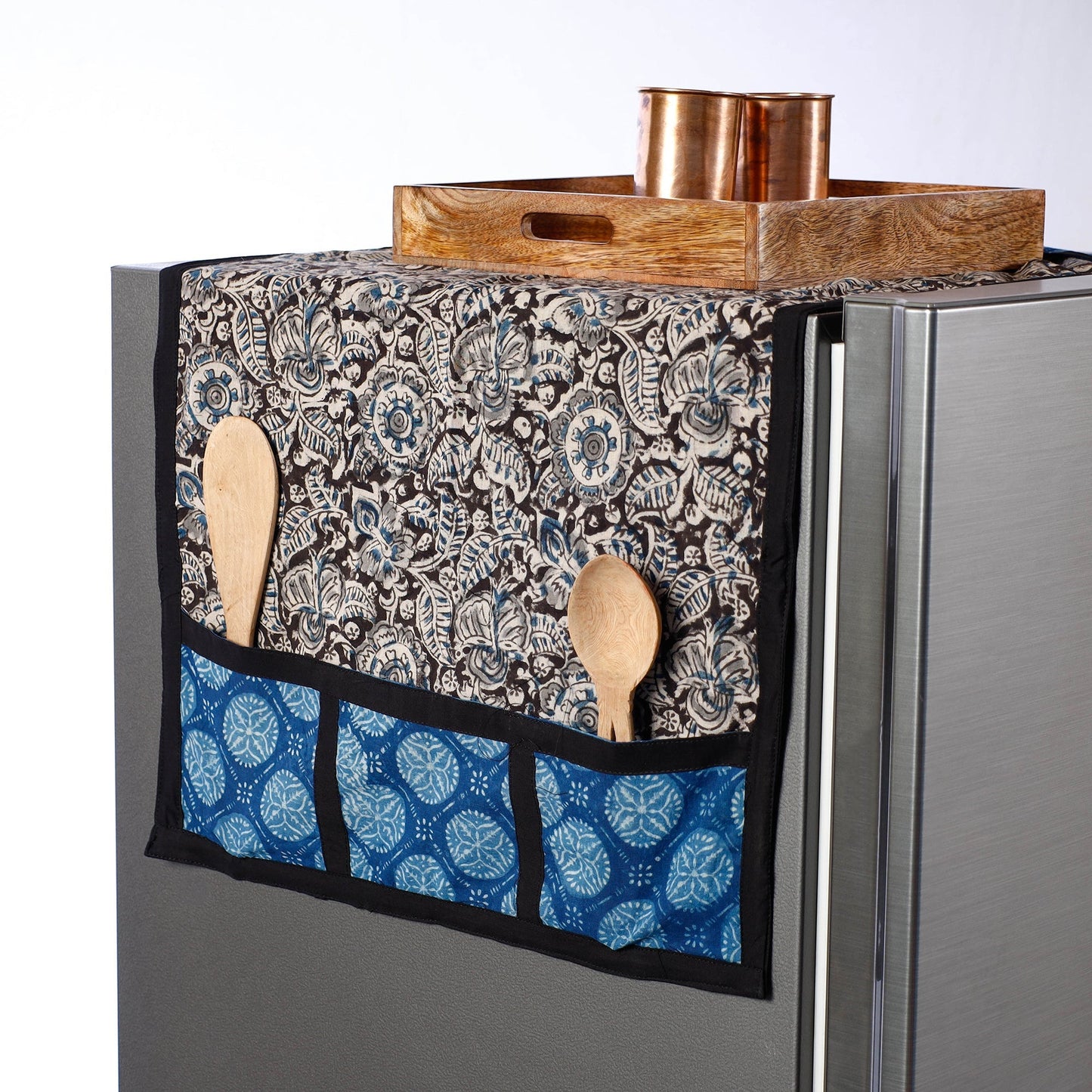Black Kalamkari Block Printed Cotton Fridge Top Cover with Multiple Pockets