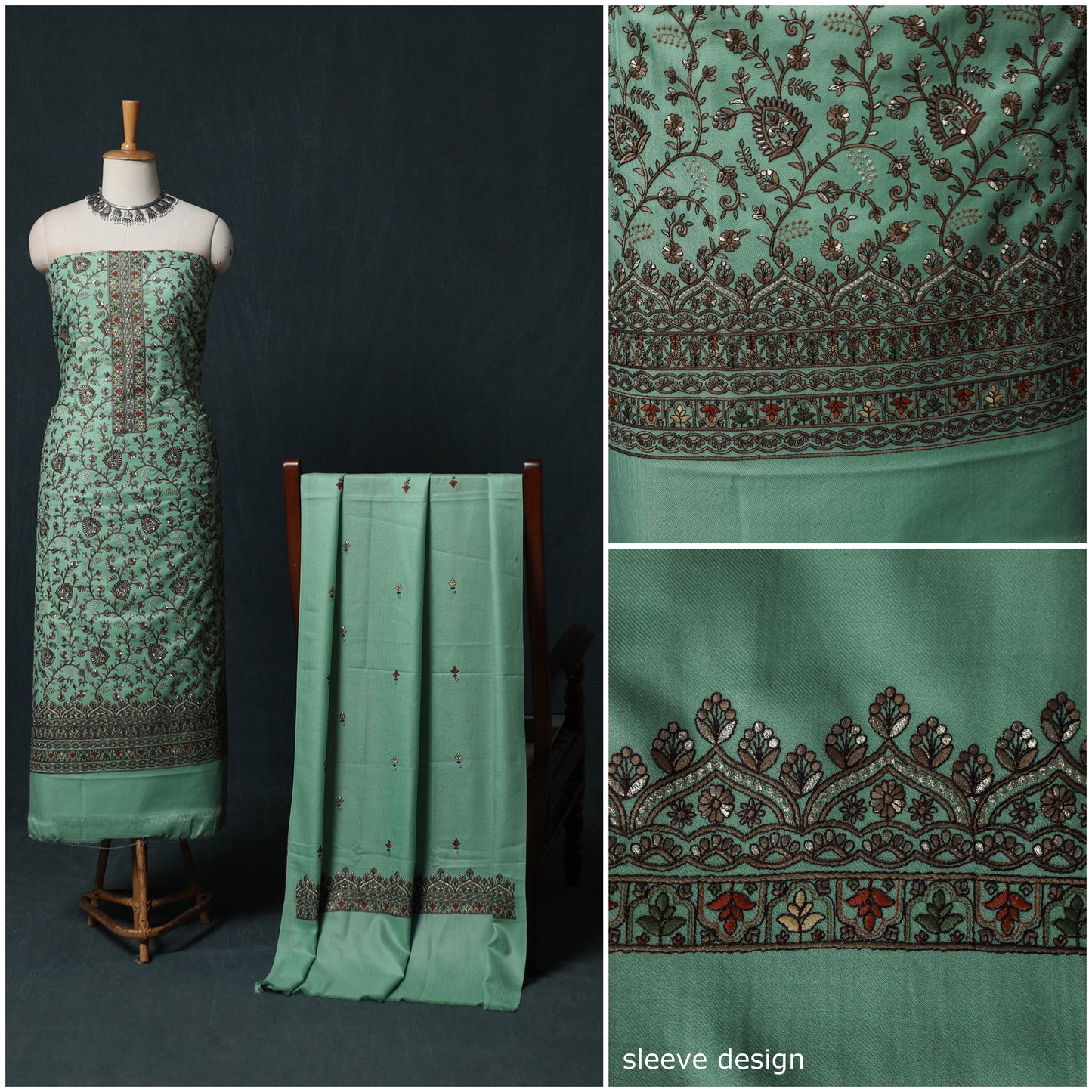 3pc Heavy Embroidered Wool Unstitched Dress Material Suit Set 47