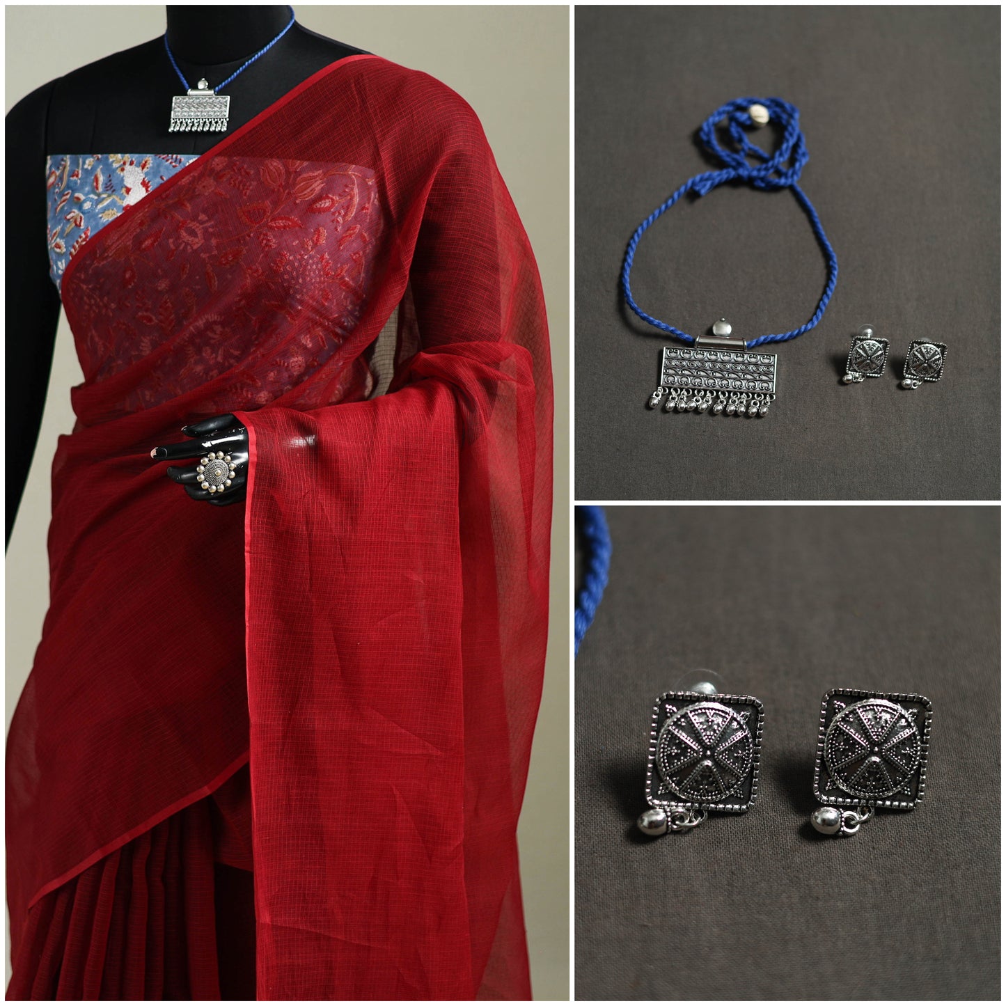 Red - Nazaakat Kota Doria Cotton Plain Saree with Blouse & Jewellery Set 99