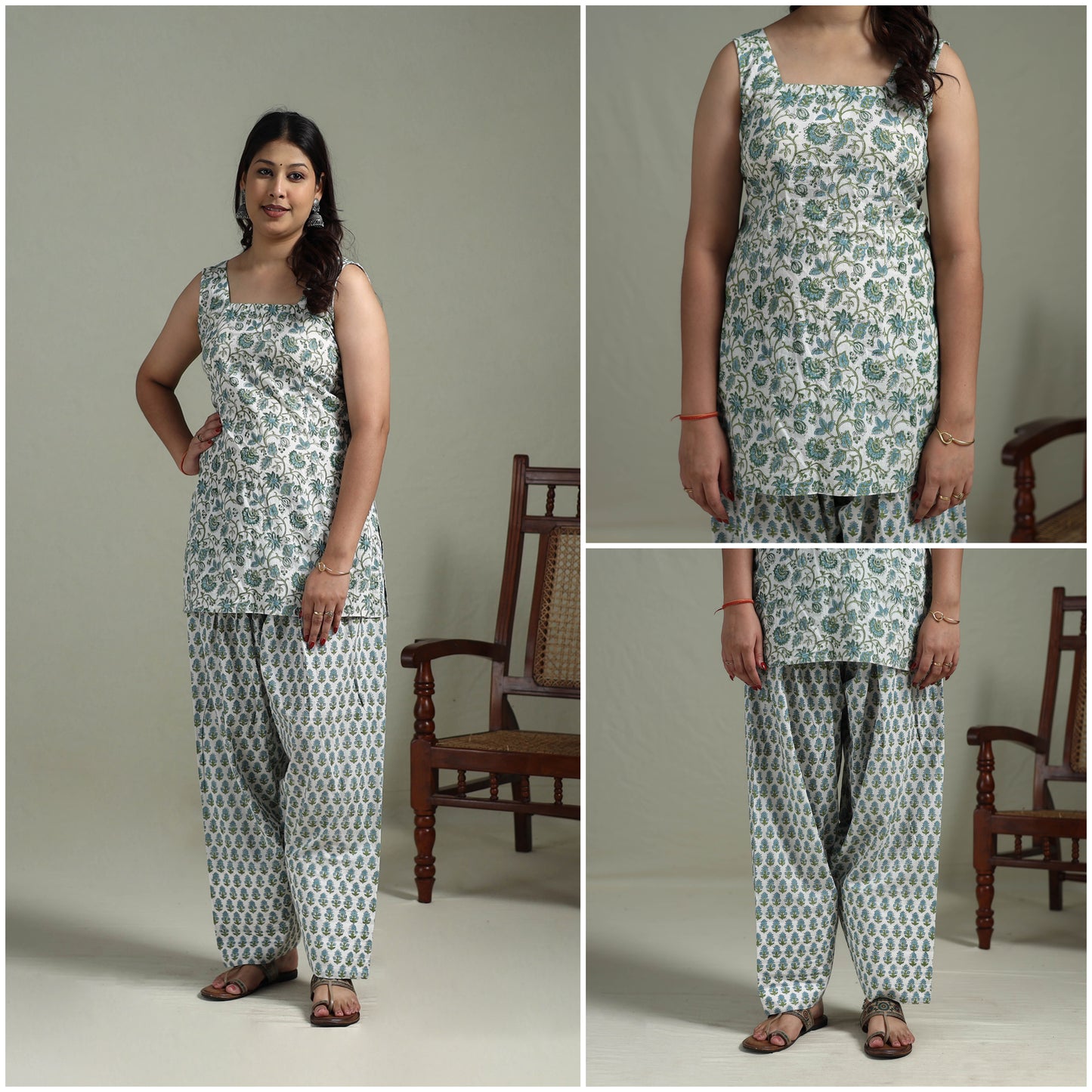 Sanganeri Hand Block Print Cotton Short Kurta with Farshi Salwar Set for women 08