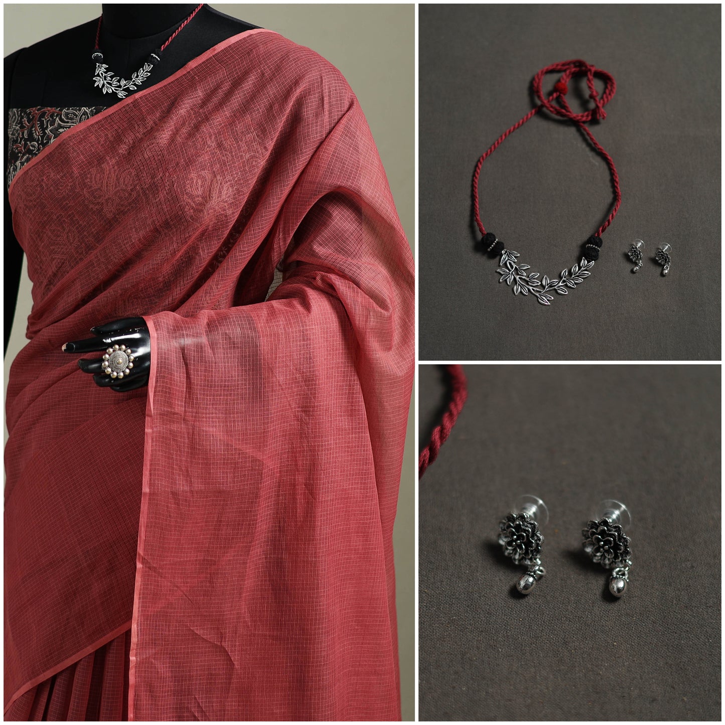Red - Nazaakat Kota Doria Cotton Plain Saree with Blouse & Jewellery Set 126