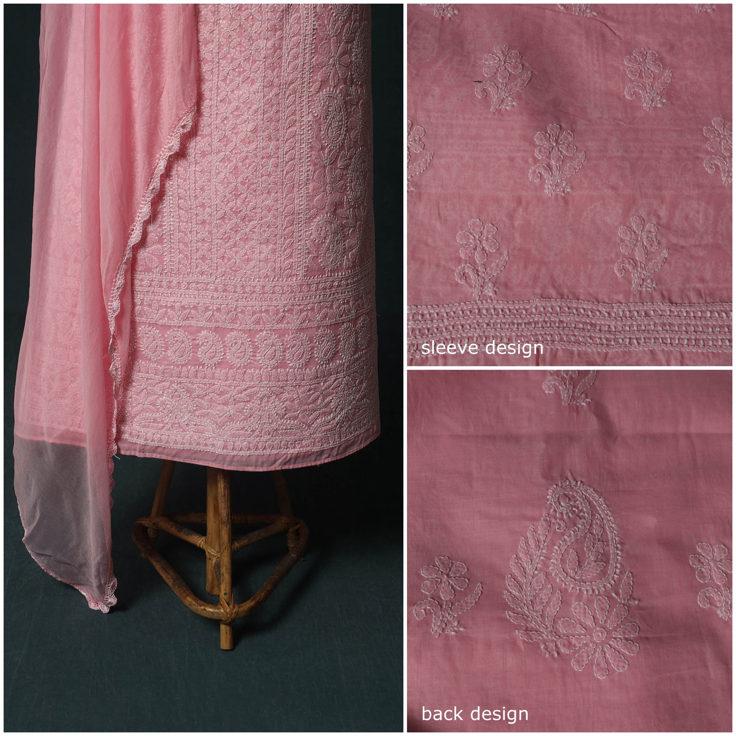 Pink - Lucknowi Chikankari Hand Embroidered Cotton 3pc Unstitched Dress Material Suit Set 06