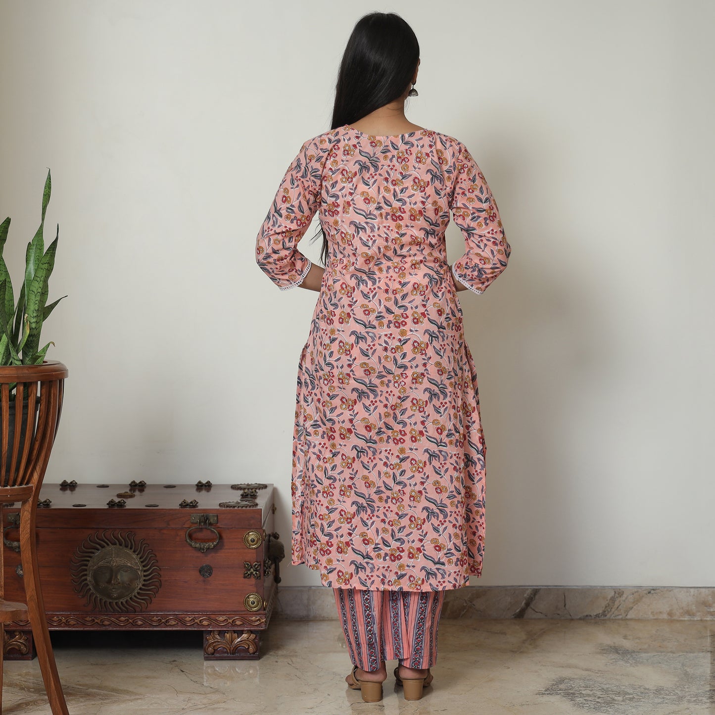 Peach - Sanganeri Block Printed Cotton Kurta with Palazzo Set 02