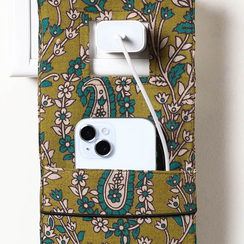 Green Kalamkari Block Printed Cotton Mobile Charging Holder