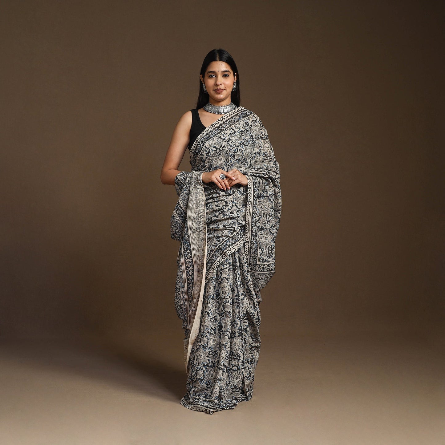 Grey Pedana Block Print Cotton Kalamkari Saree