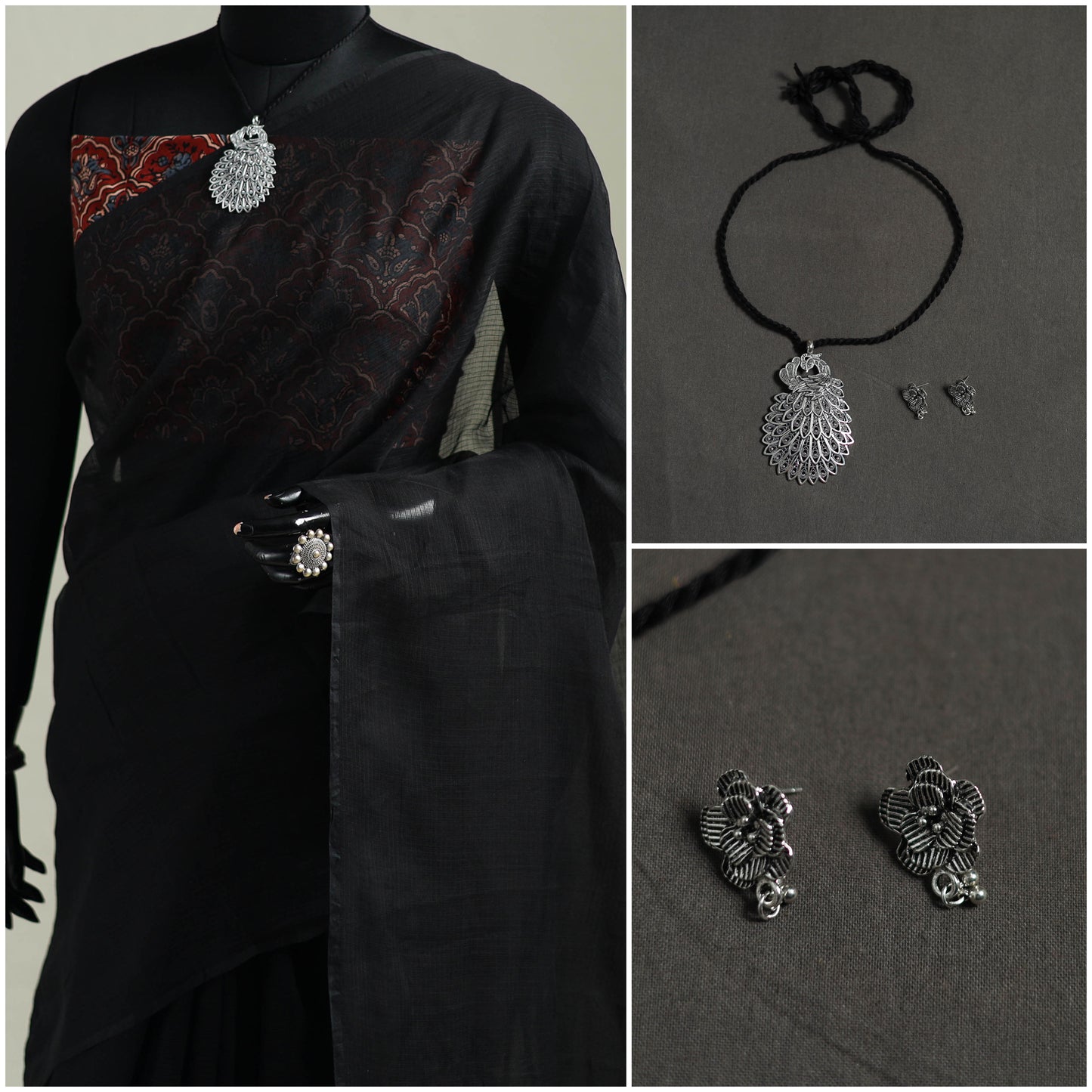 Black - Nazaakat Kota Doria Cotton Plain Saree with Blouse & Jewellery Set 06