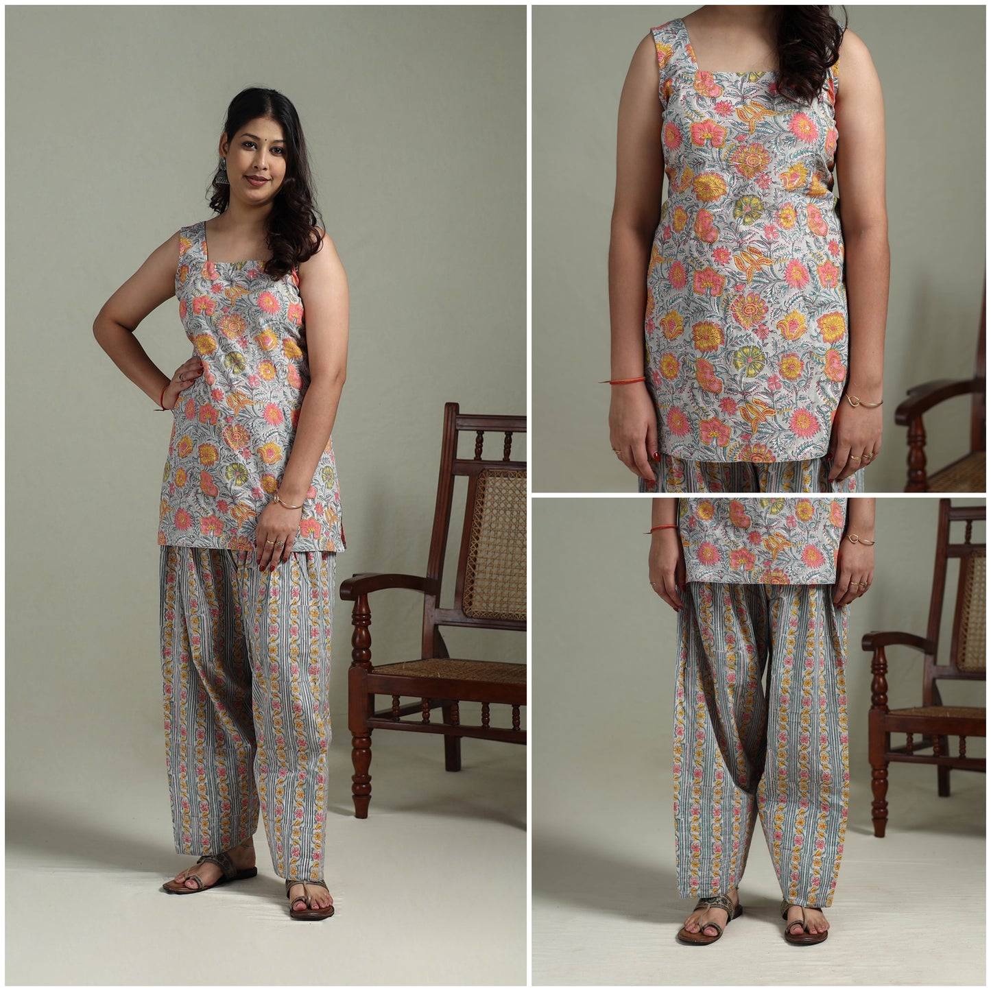 Sanganeri Hand Block Print Cotton Short Kurta with Farshi Salwar Set for women 06