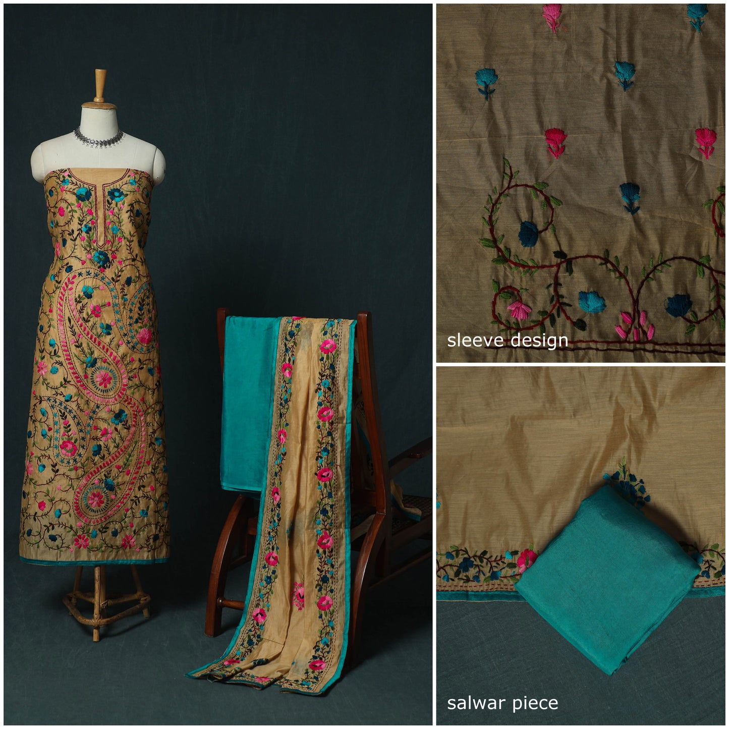 Hand Embroidered Chanderi Silk 3pc Unstitched Dress Material 37