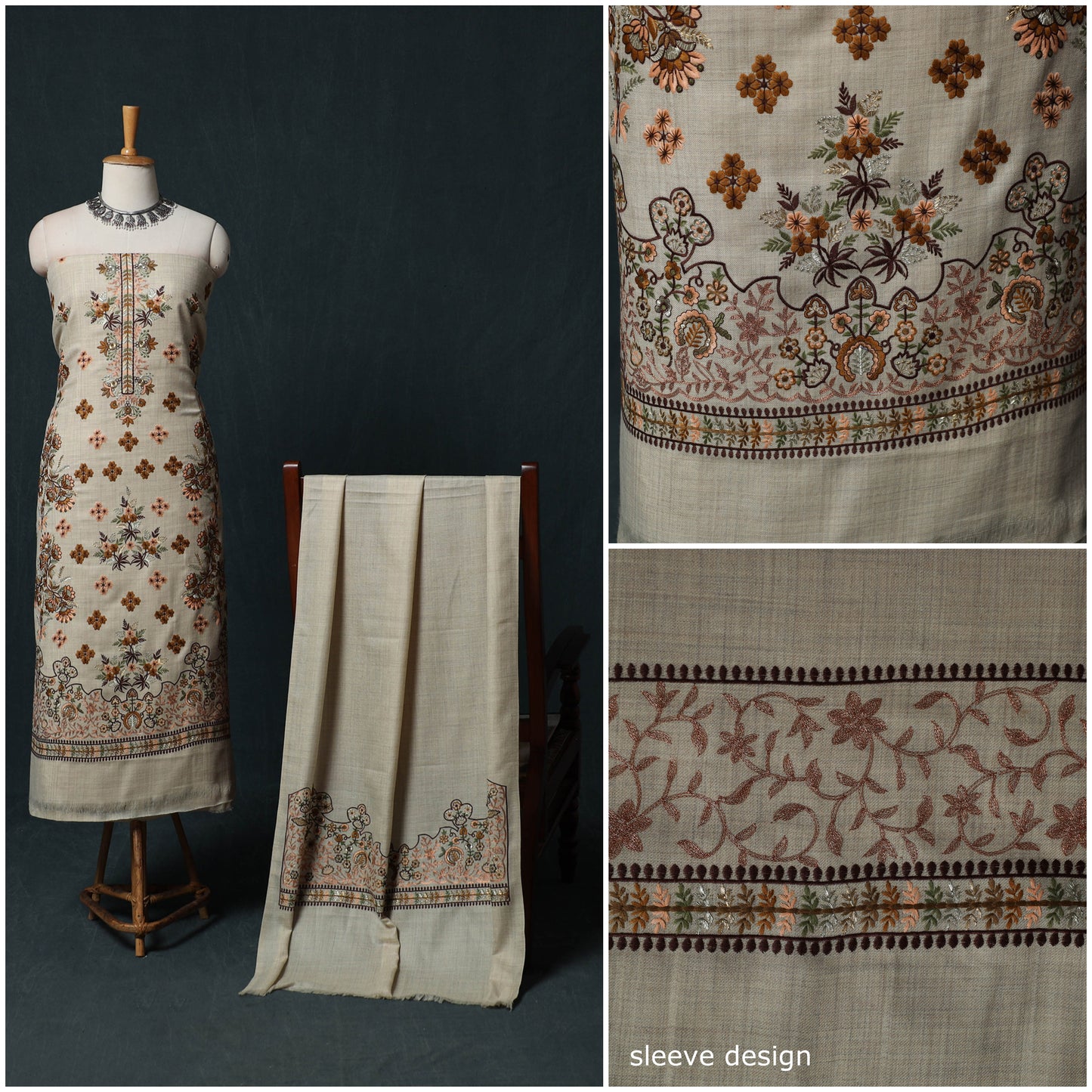 3pc Heavy Embroidered Wool Unstitched Dress Material Suit Set 56