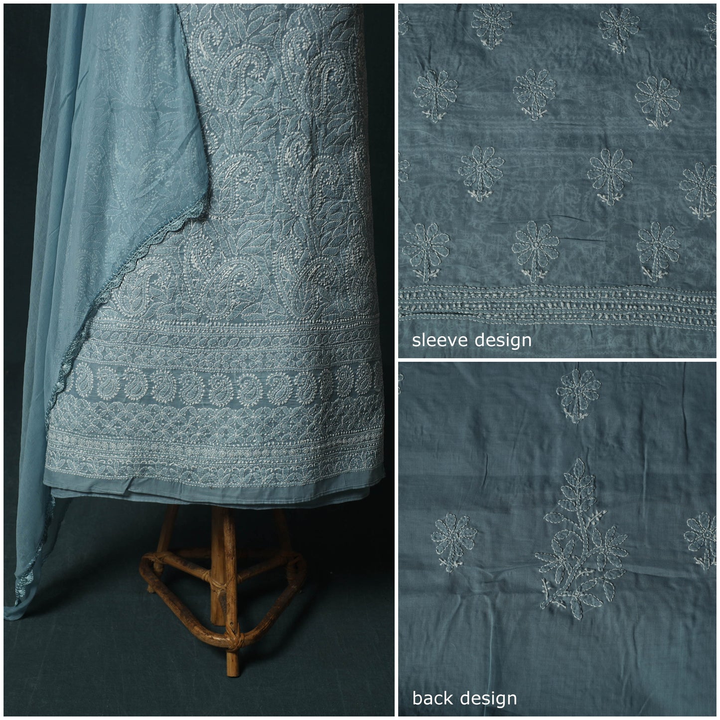 Blue - Lucknowi Chikankari Hand Embroidered Cotton 3pc Unstitched Dress Material Suit Set 07
