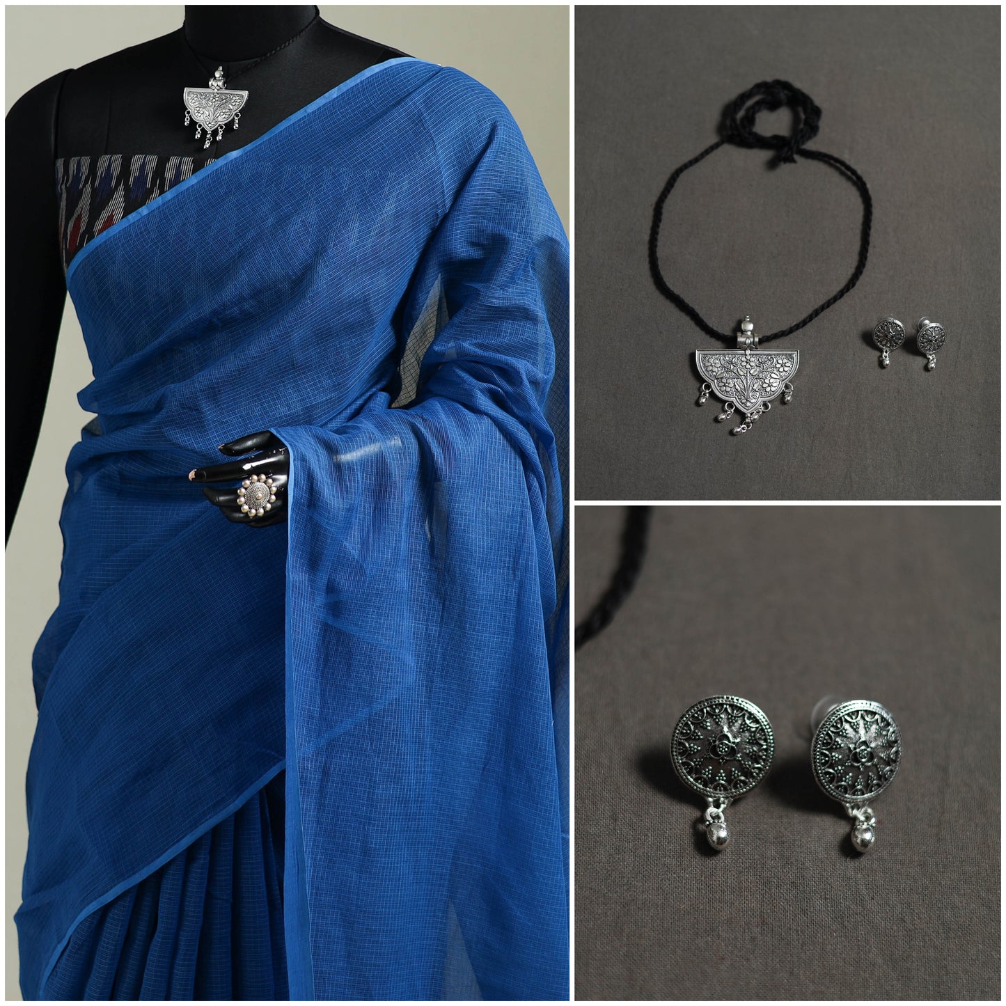 Blue - Nazaakat Kota Doria Cotton Plain Saree with Blouse & Jewellery Set 100