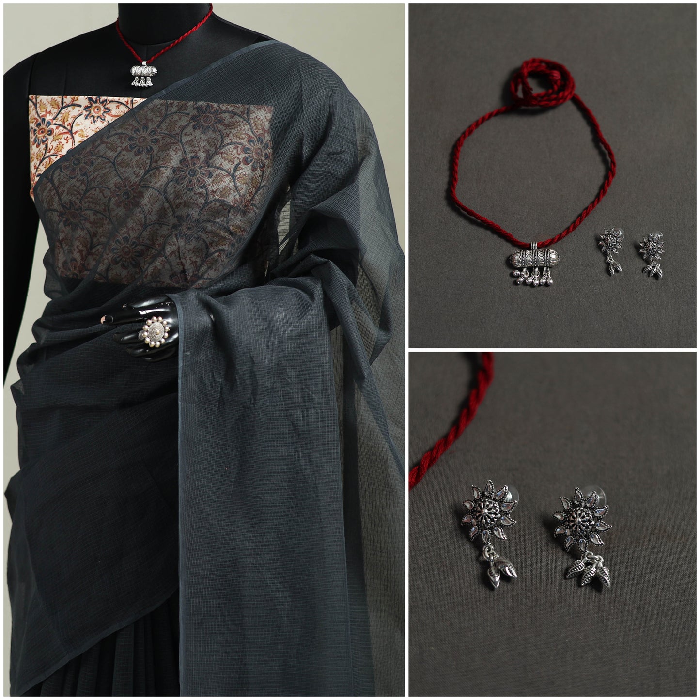 Grey - Nazaakat Kota Doria Cotton Plain Saree with Blouse & Jewellery Set 142