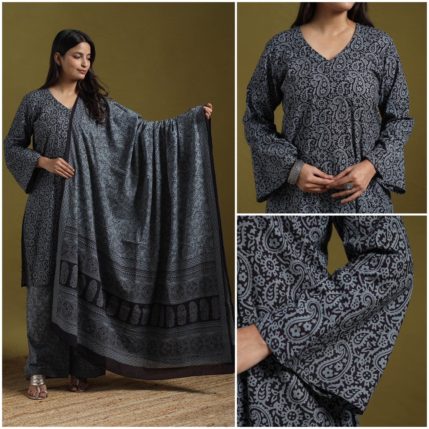 Natural Dyed Hand Block Bagh Print Cotton Suit Set with Dupatta for Women 18