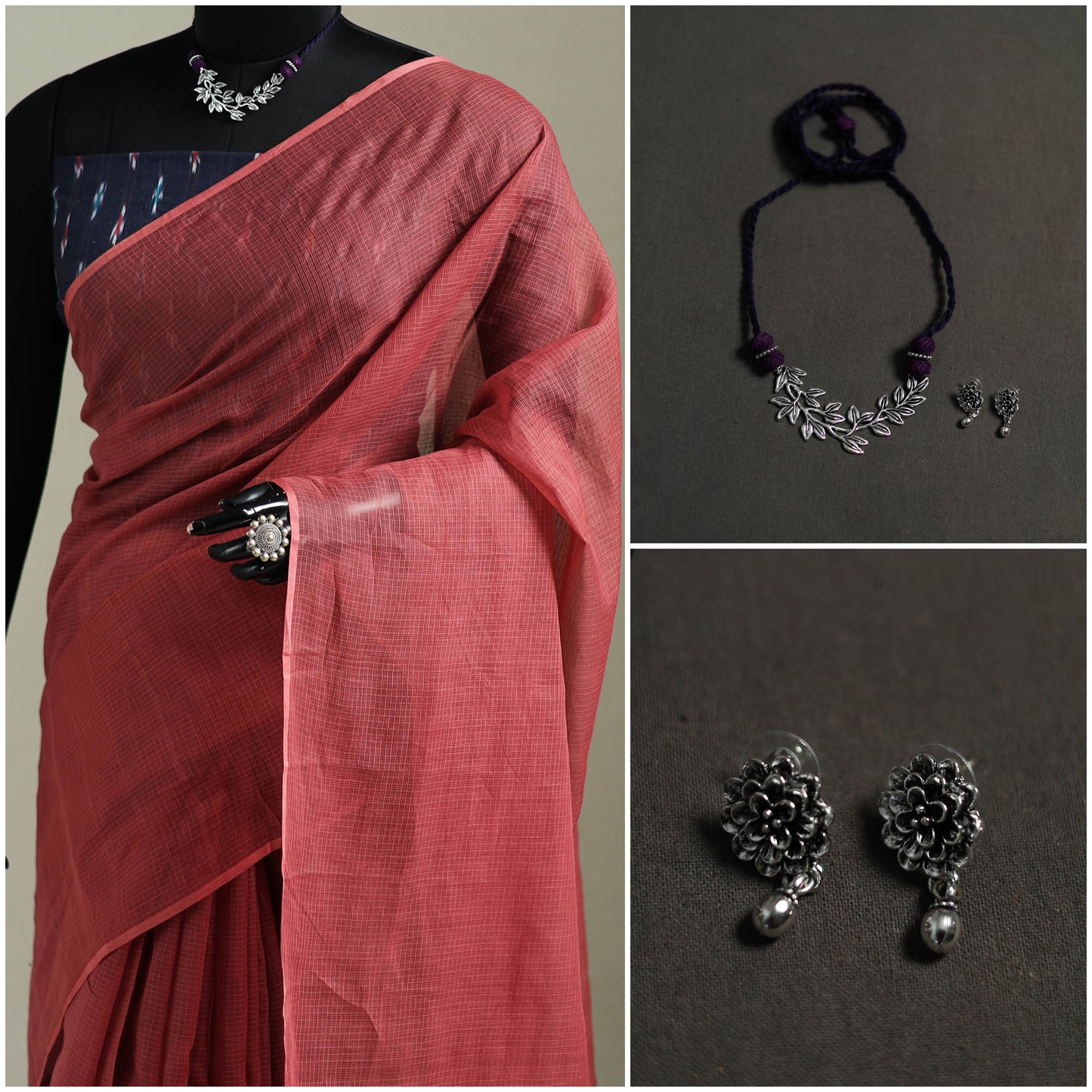 Red - Nazaakat Kota Doria Cotton Plain Saree with Blouse & Jewellery Set 127