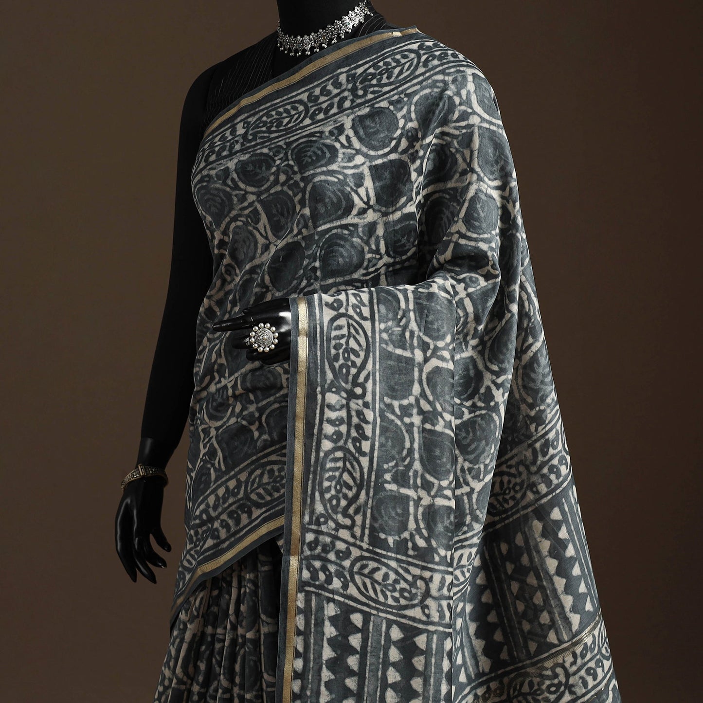 Grey - Chanderi Silk Hand Block Print Bagru Saree with Zari Border 21