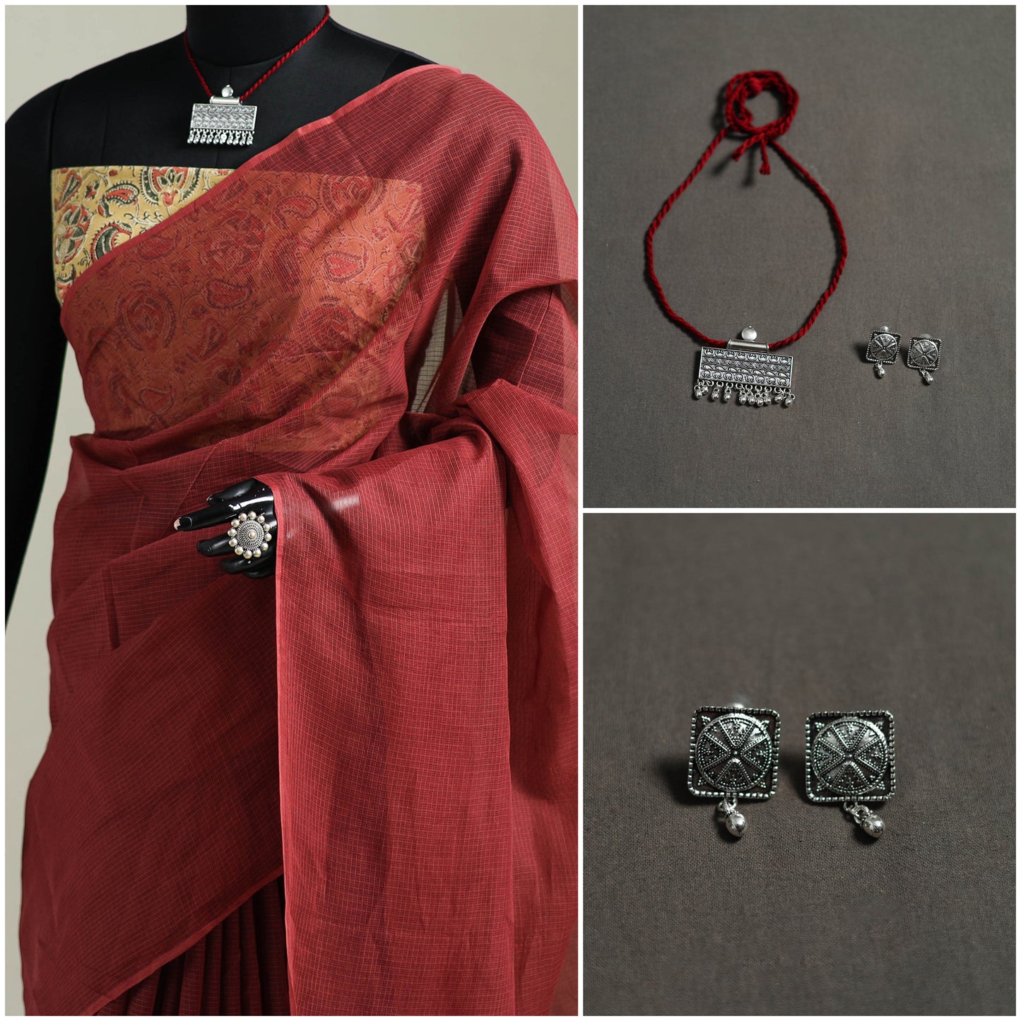 Red - Nazaakat Kota Doria Cotton Plain Saree with Blouse & Jewellery Set 101