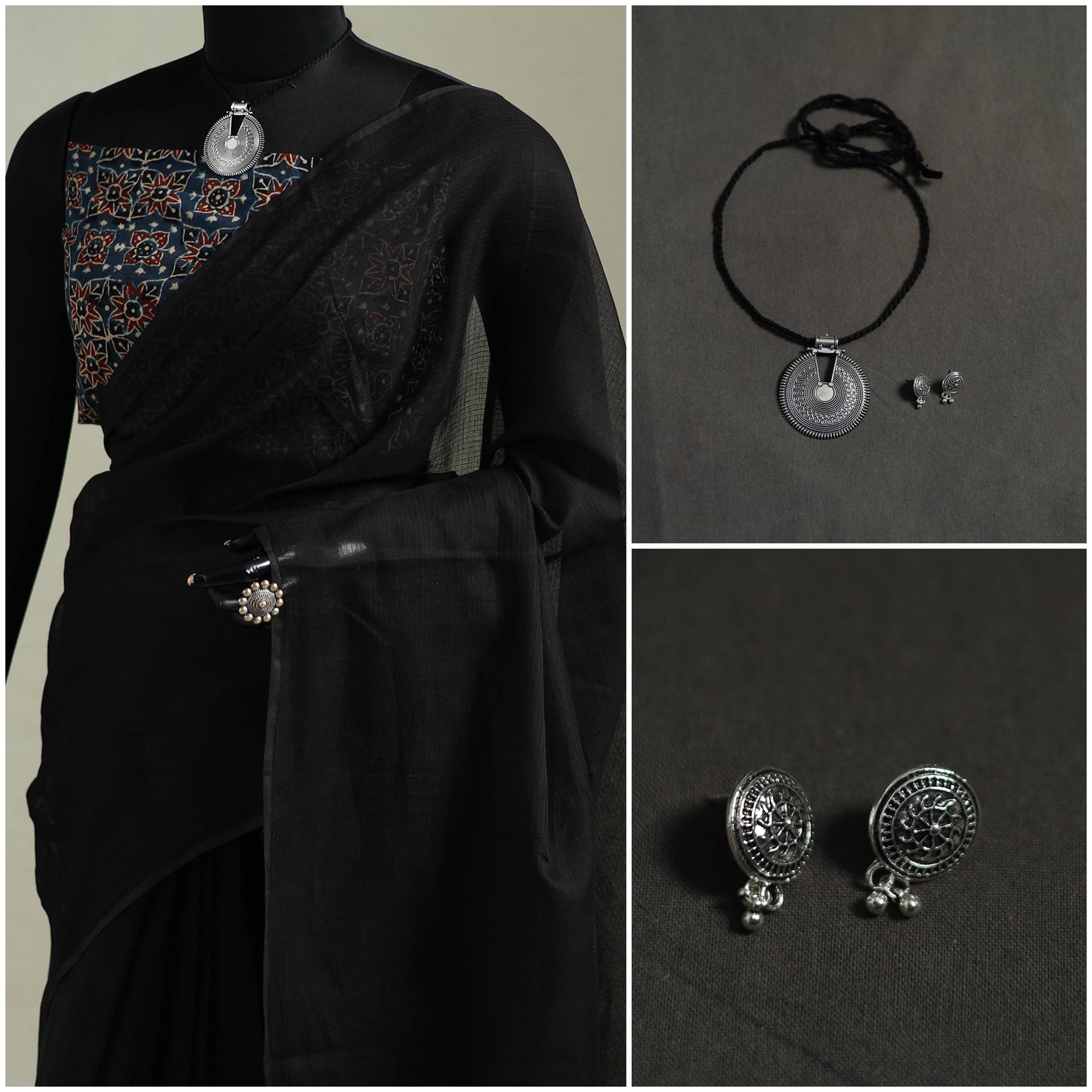 Black - Nazaakat Kota Doria Cotton Plain Saree with Blouse & Jewellery Set 36