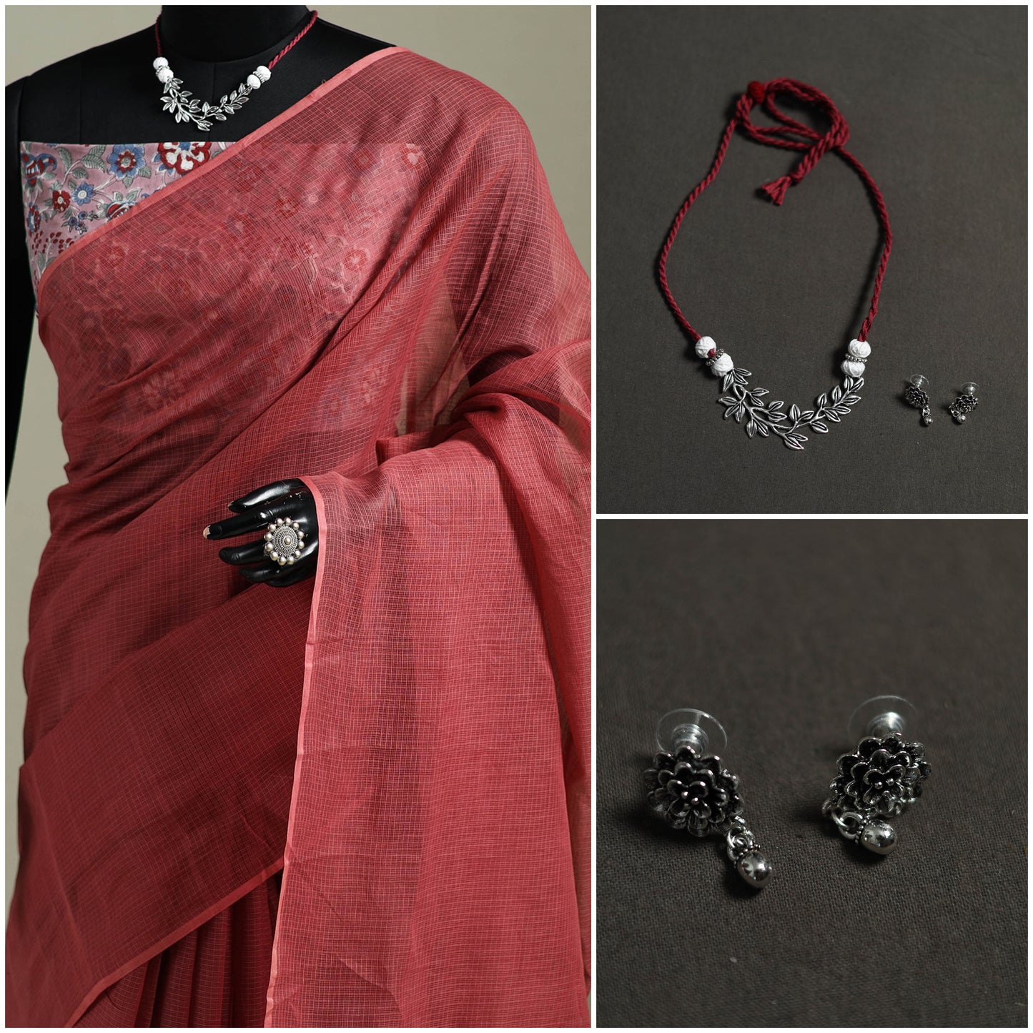 Red - Nazaakat Kota Doria Cotton Plain Saree with Blouse & Jewellery Set 128