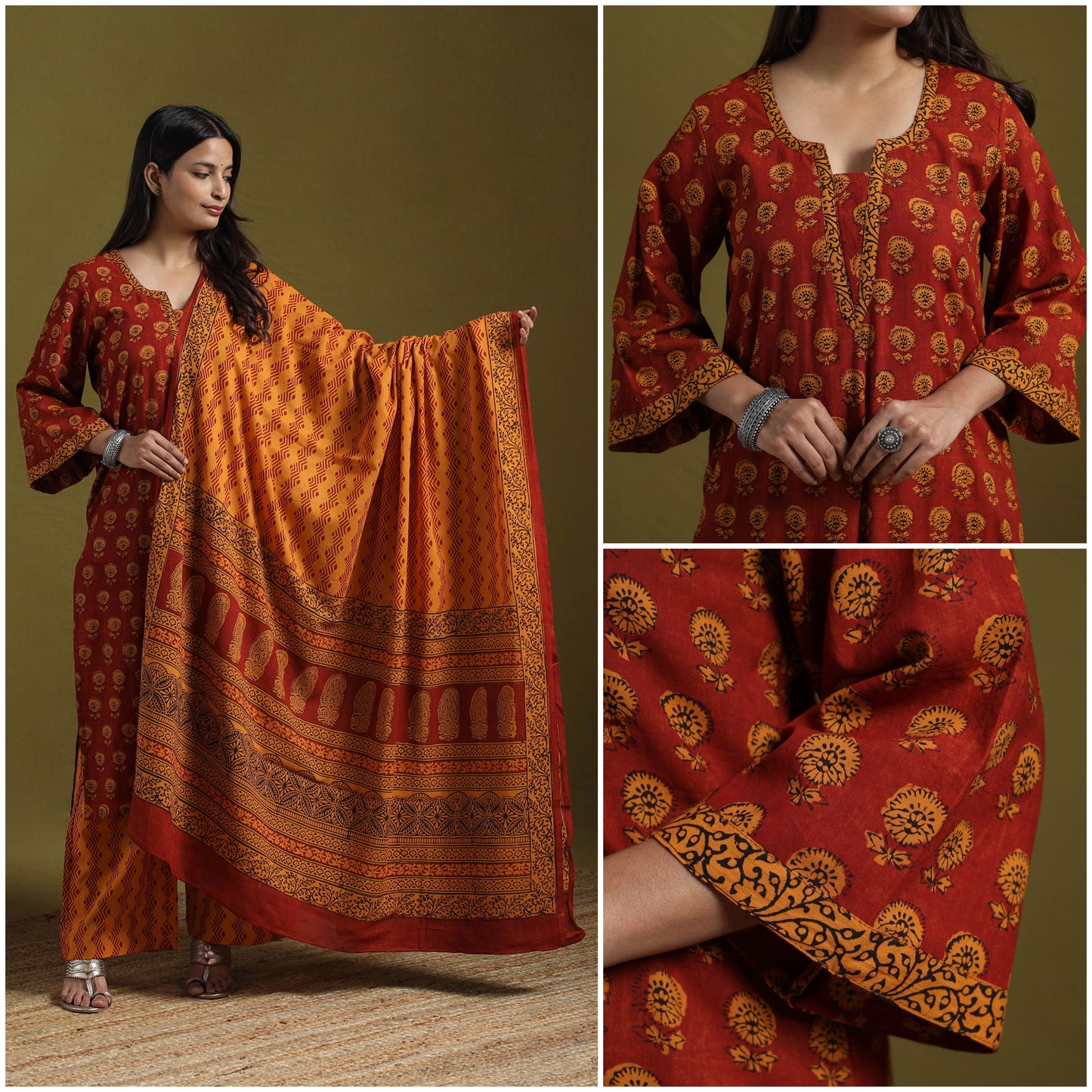 Natural Dyed Hand Block Bagh Print Cotton Suit Set with Dupatta for Women 01