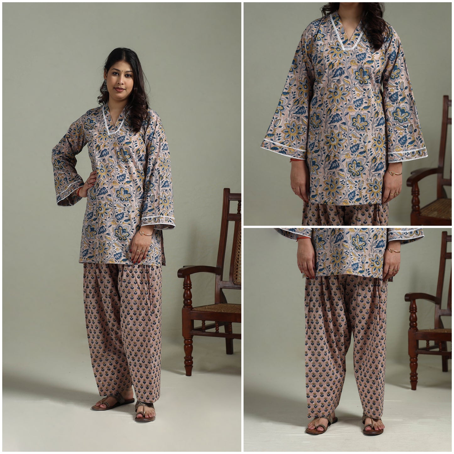 Sanganeri Hand Block Print Cotton Lace Work Short Kurta with Farshi Salwar Set for women 05