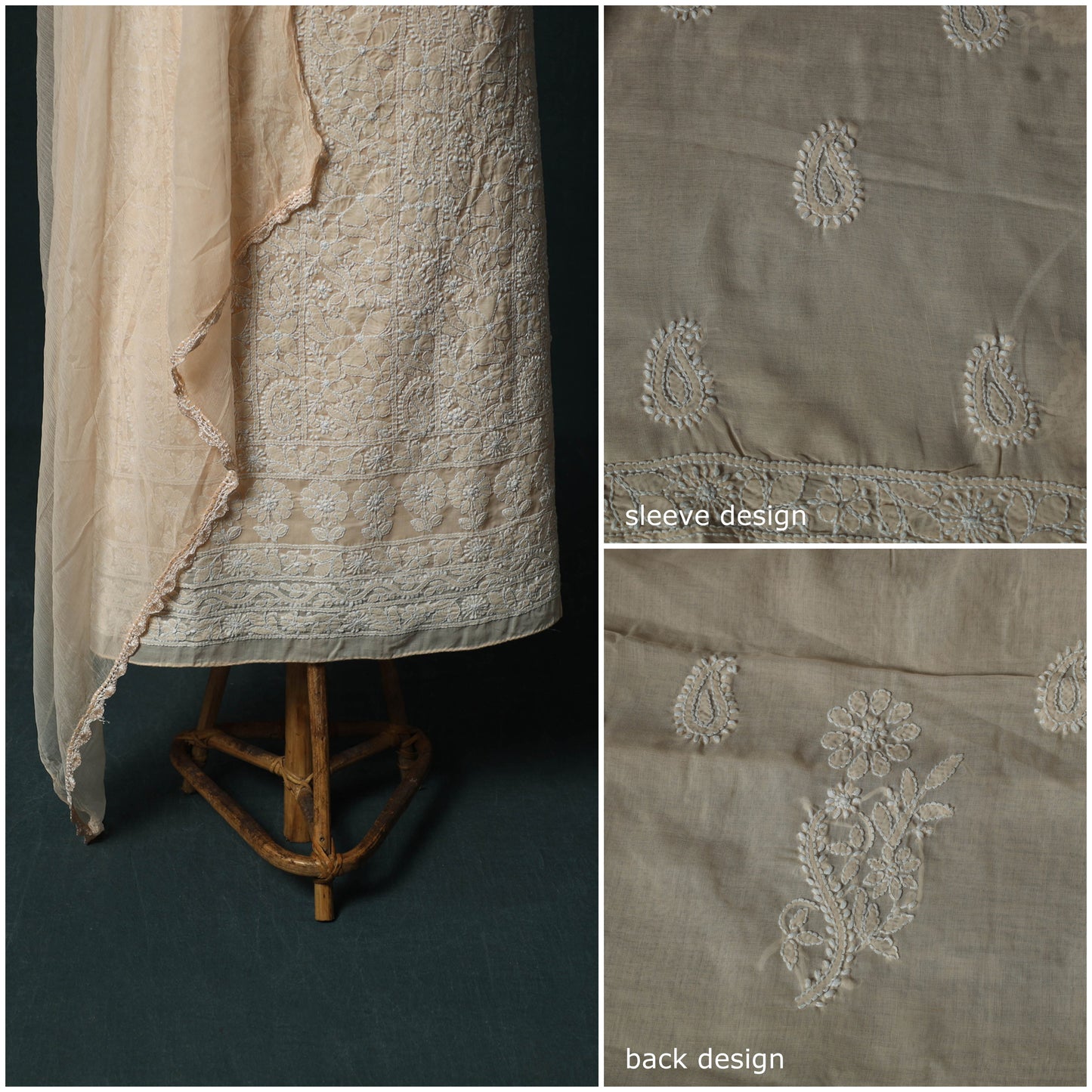 Beige - Lucknowi Chikankari Hand Embroidered Cotton 3pc Unstitched Dress Material Suit Set 08