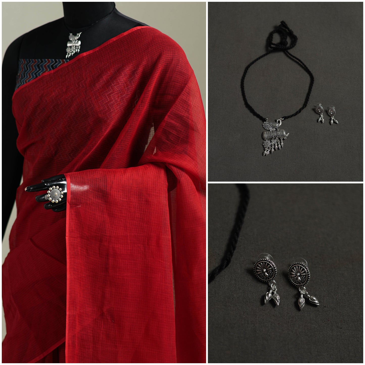 Red - Nazaakat Kota Doria Cotton Plain Saree with Blouse & Jewellery Set 194