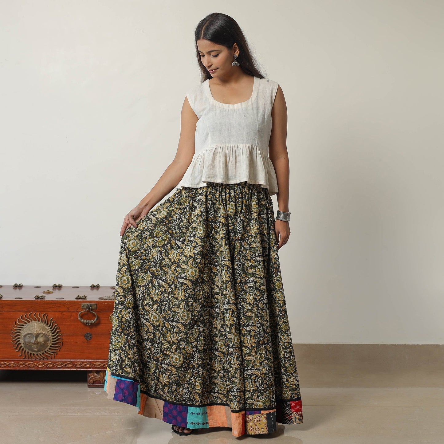 Multicolor - Green - Bagru Block Printed 24 Kali Patchwork Cotton Long Skirt 20